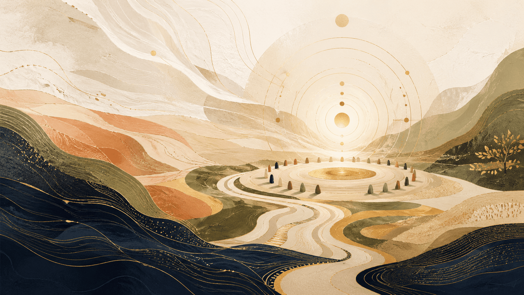 Abstract Sthirta landscape with a golden circular practice field