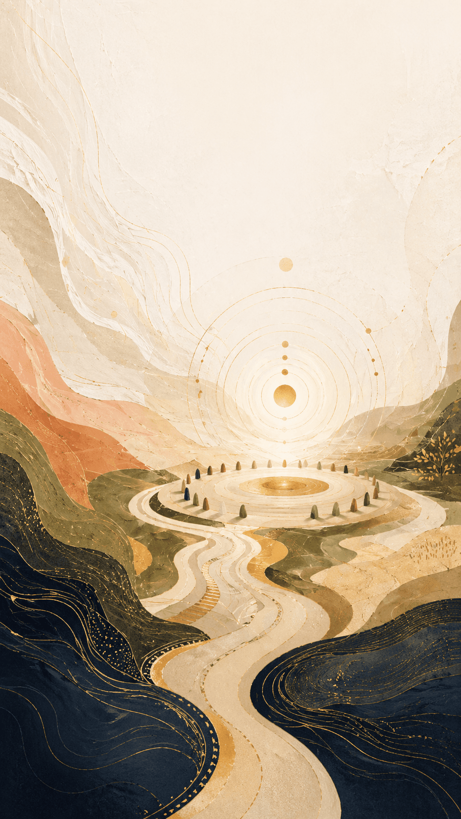 Abstract Sthirta landscape with a golden circular practice field
