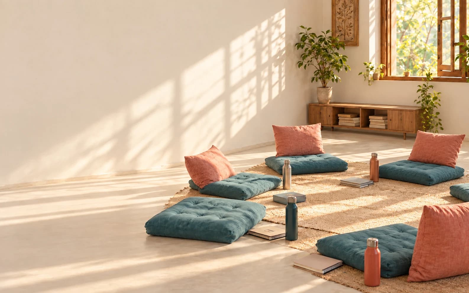 Illustrated meditation retreat space with cushions, notebooks and water bottles